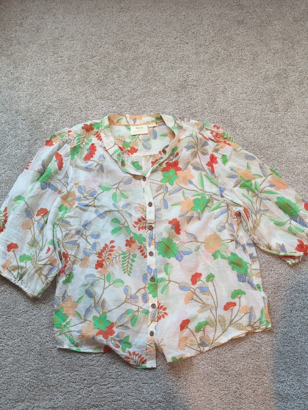 Anthropologie Floral Button-Front Blouse in White, Green & Coral